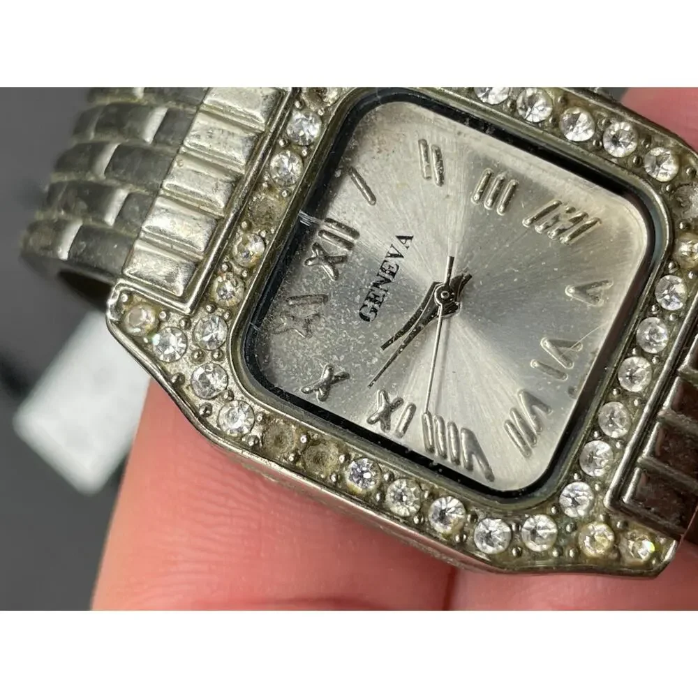 Geneva Classy Rhinestones Bezel Silver Tone Cuff Band Wristwatch Water Resistant